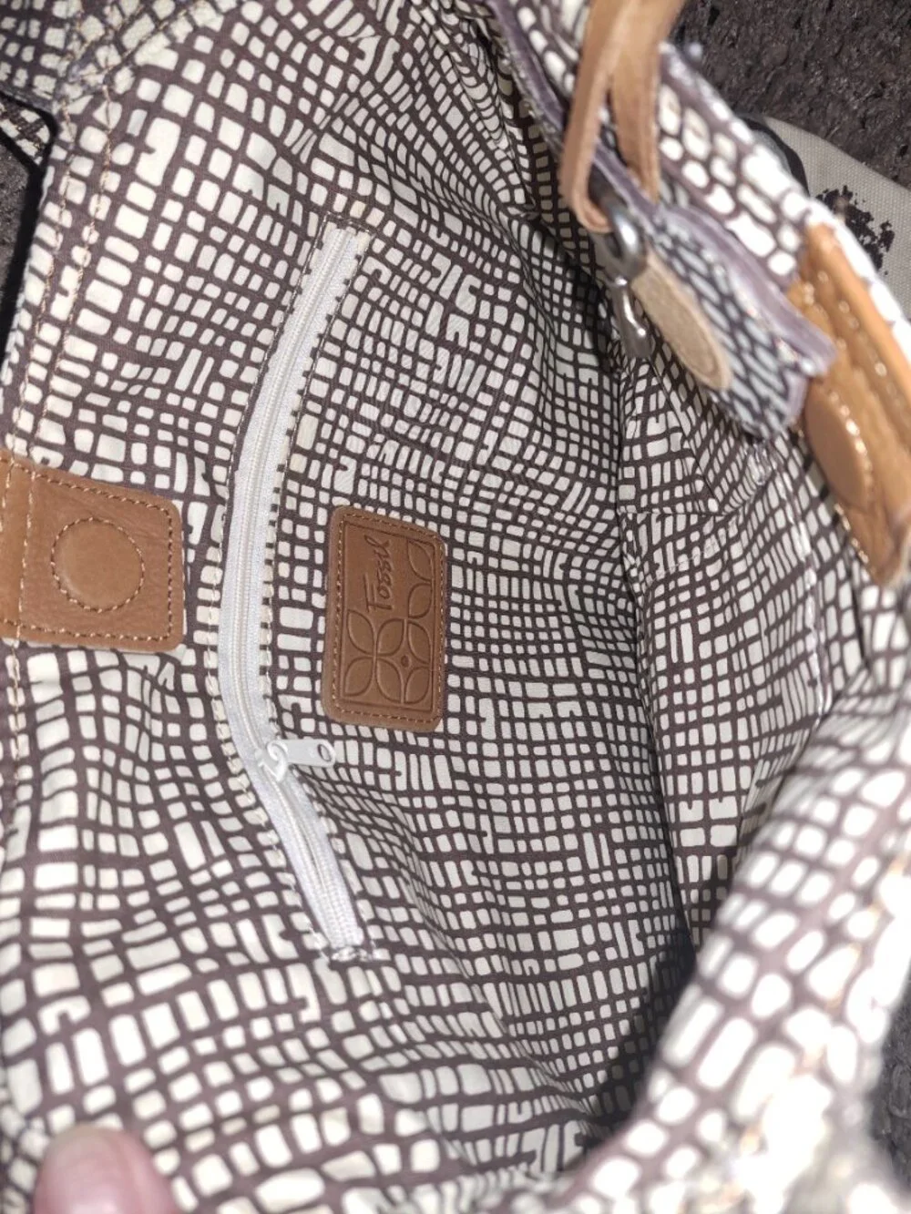 FOSSIL-Canvas/Leather Hobo Bag-Cream/Brown-2 Bag Charms-New/No Tags